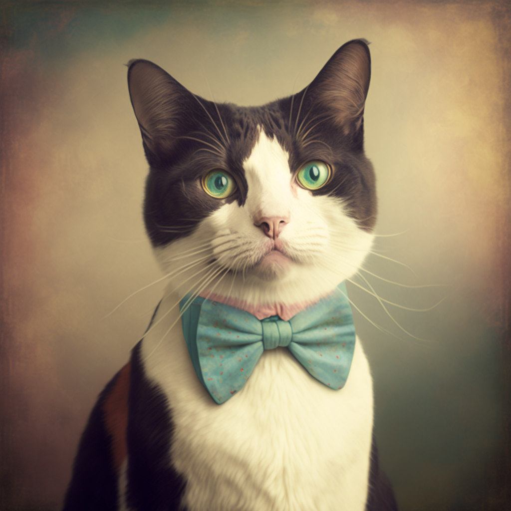 A.I. generated photograph of a handsome cat wearing a bow tie.